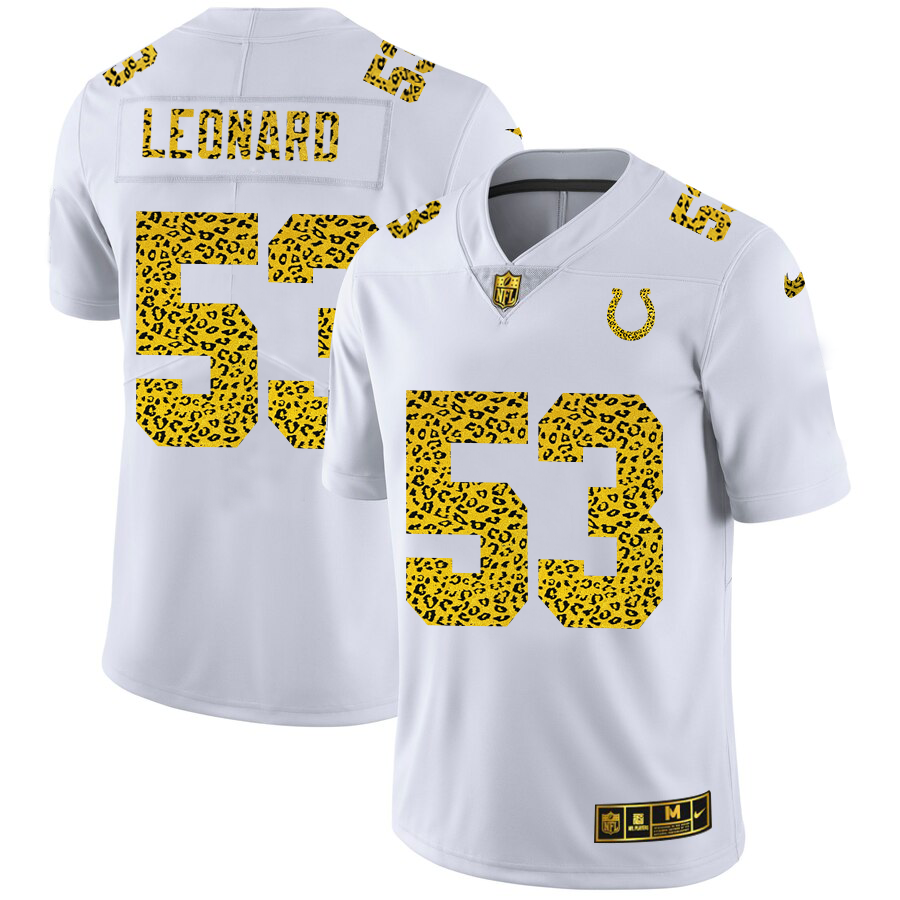 Custom Indianapolis Colts 53 Darius Leonard Men Nike Flocked Leopard Print Vapor Limited NFL Jersey White